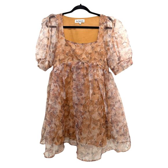 En Saison La Raque Mini Dress Marigold Multi Puff Sleeve Babydoll Size M - Picture 13 of 13